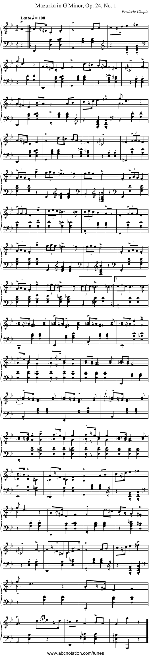 Mazurka in G Minor, Op. 24, No. 1 - staff notation
