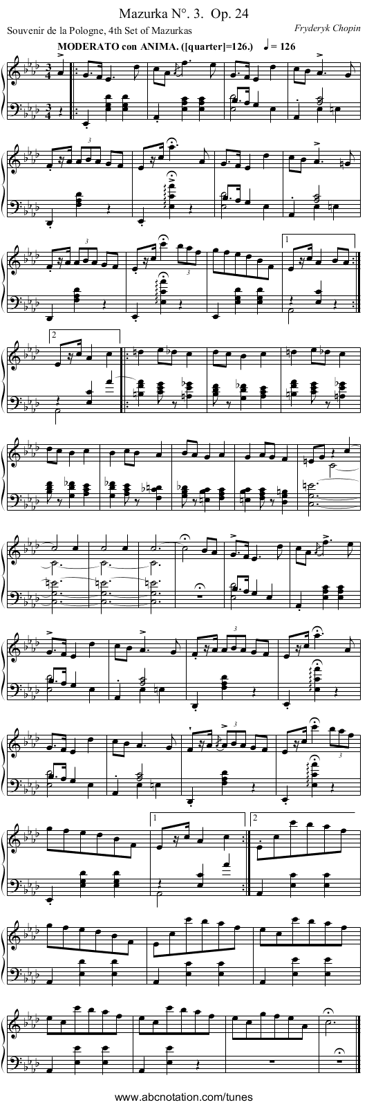 Mazurka N°. 3.	 Op. 24 - staff notation