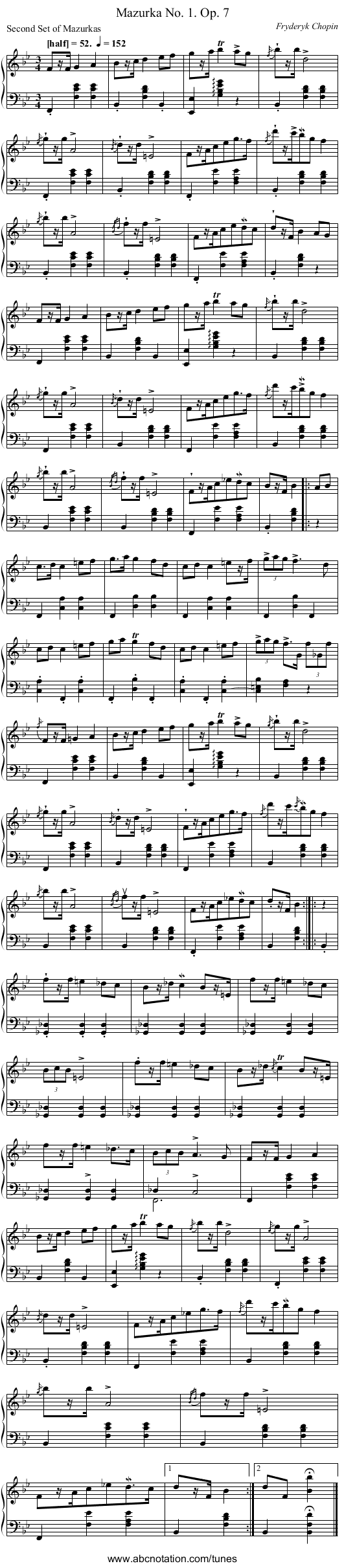 Mazurka No. 1.	Op. 7 - staff notation