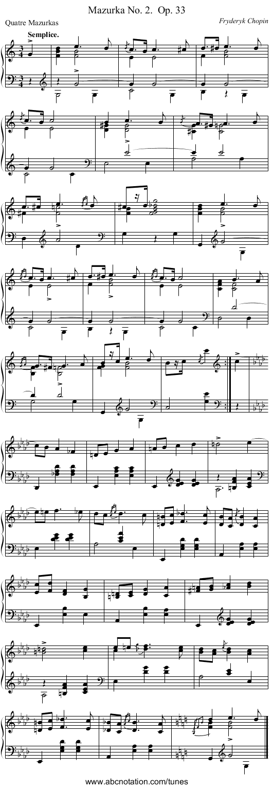 Mazurka No. 2.	 Op. 33 - staff notation