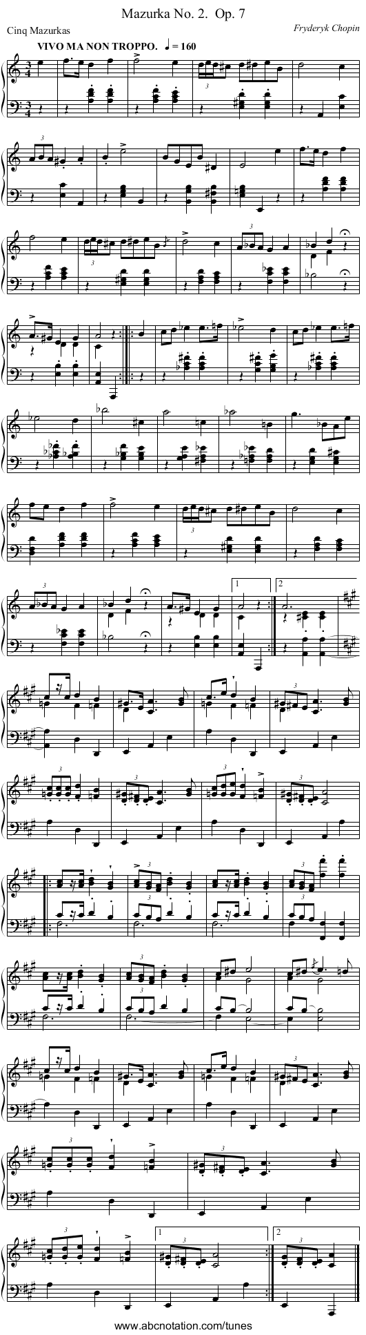 Mazurka No. 2.	 Op. 7 - staff notation