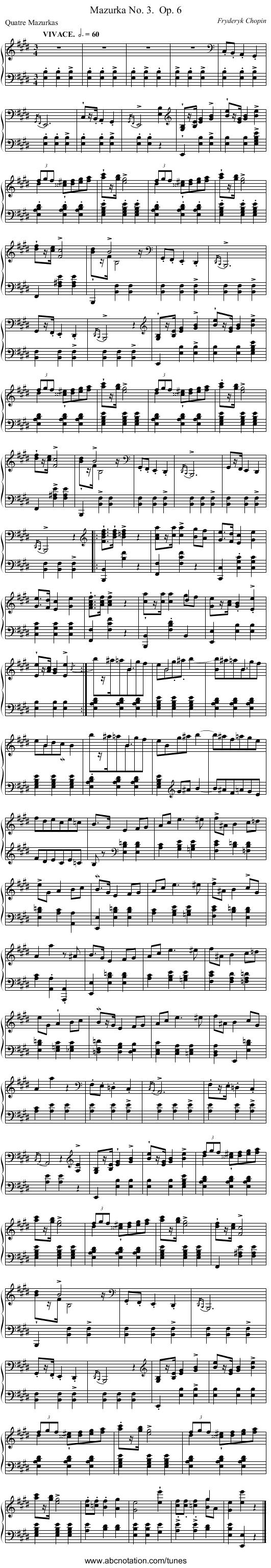 Mazurka No. 3.	 Op. 6 - staff notation