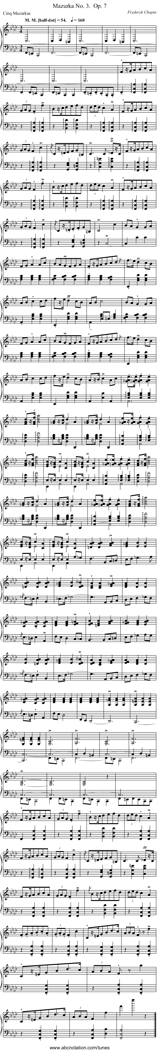 Mazurka No. 3.	 Op. 7 - staff notation