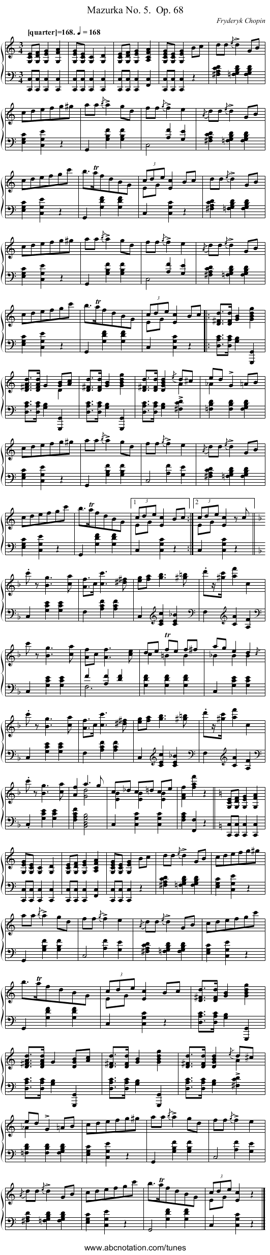 Mazurka No. 5.	 Op. 68 - staff notation