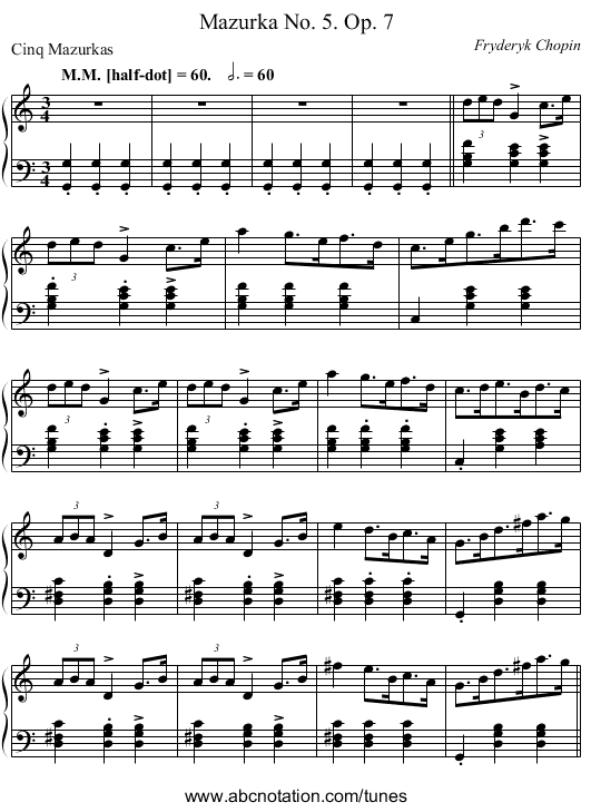 Mazurka No. 5.	Op. 7 - staff notation