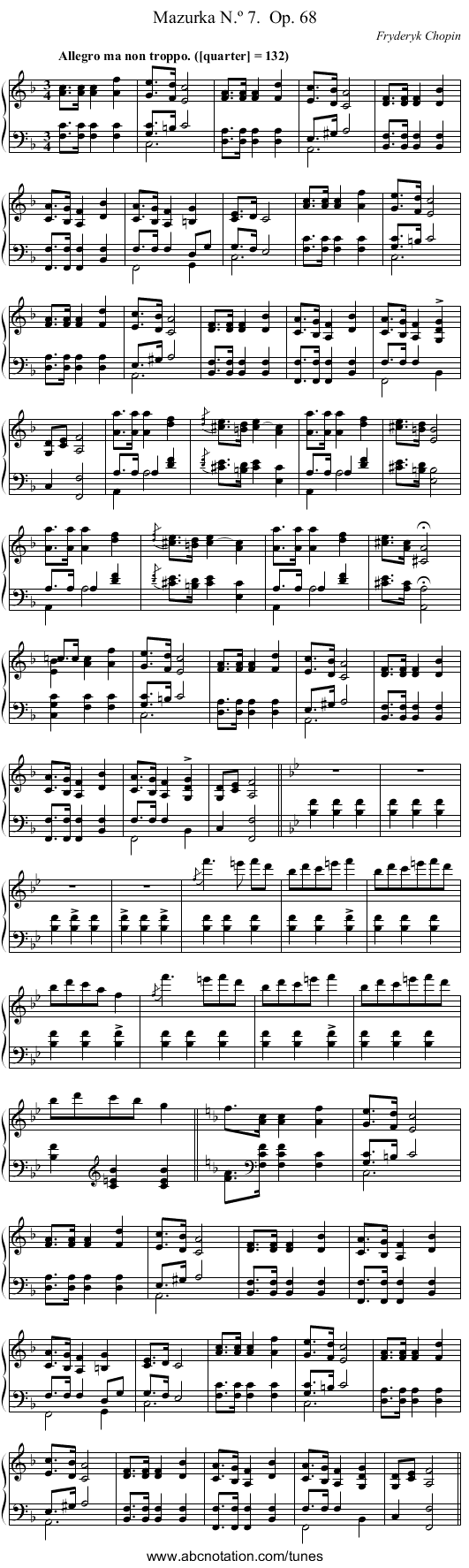 Mazurka N.º 7.	 Op. 68 - staff notation