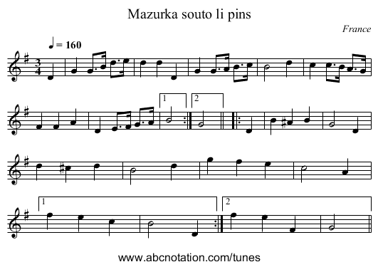 Mazurka souto li pins - staff notation