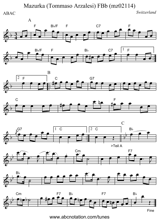 Mazurka (Tommaso Arzalesi) FBb (mz02114) - staff notation