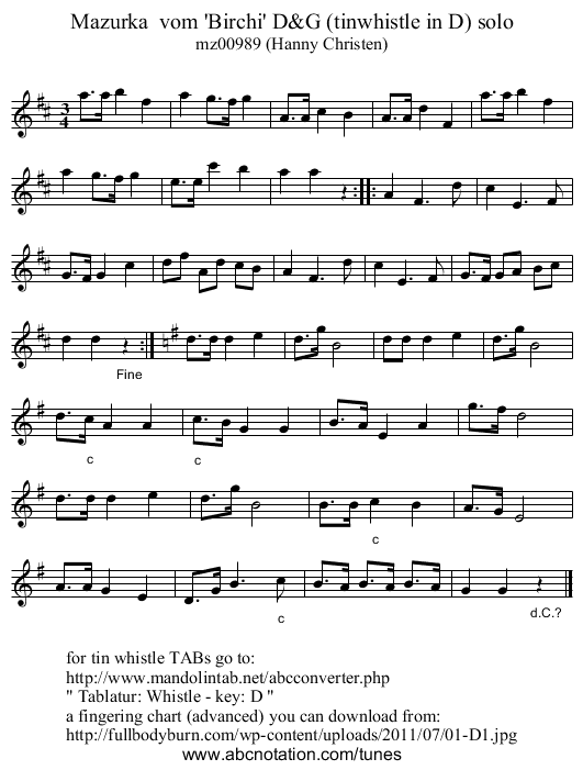 Mazurka  vom 'Birchi' D&G (tinwhistle in D) solo - staff notation