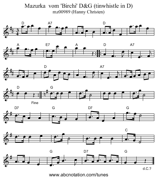 Mazurka  vom 'Birchi' D&G (tinwhistle in D) - staff notation