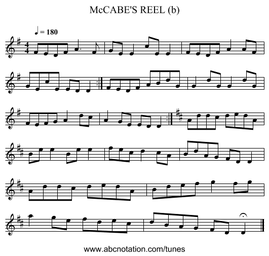 McCABE'S REEL (b) - staff notation