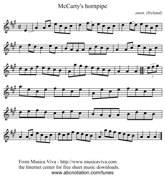 McCarty's hornpipe - staff notation