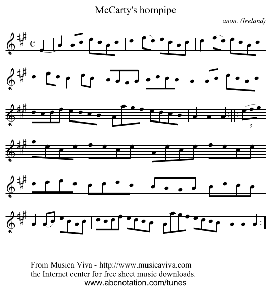 McCarty's hornpipe - staff notation