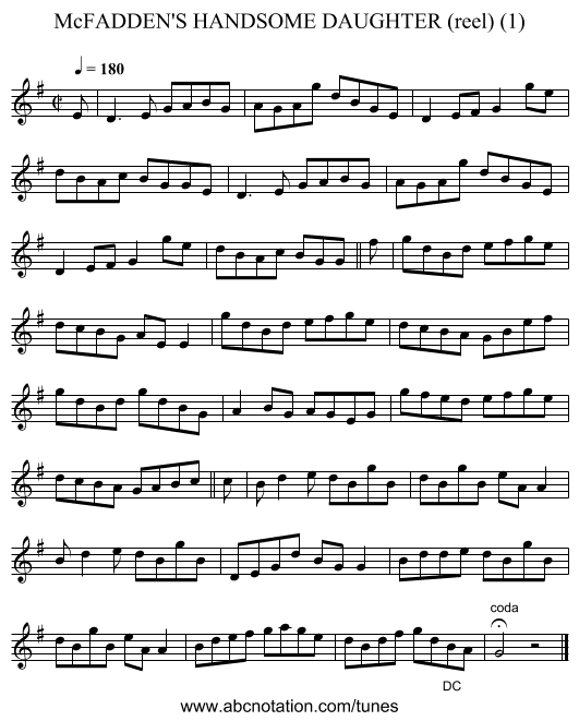McFADDEN'S HANDSOME DAUGHTER (reel) (1) - staff notation