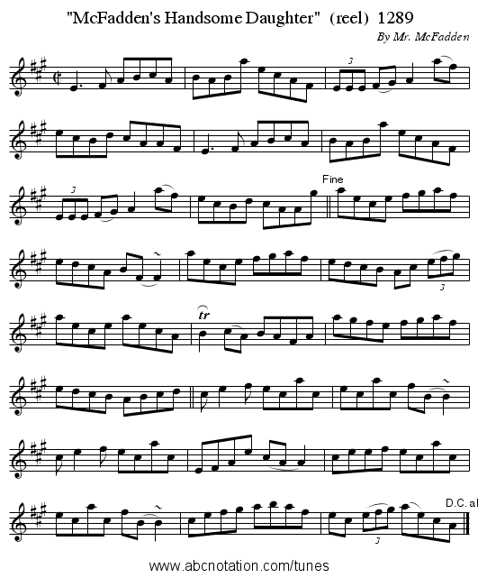 McFadden's Handsome Daughter (reel) 1289 - staff notation