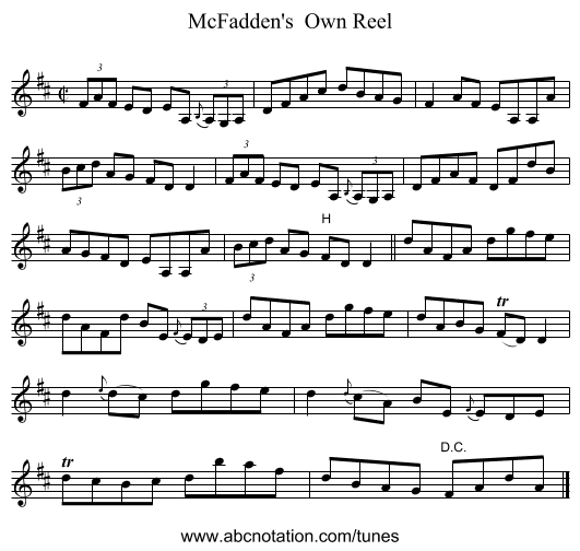 McFadden's Own Reel - staff notation