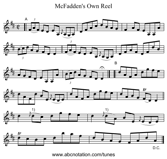 McFadden's Own Reel - staff notation