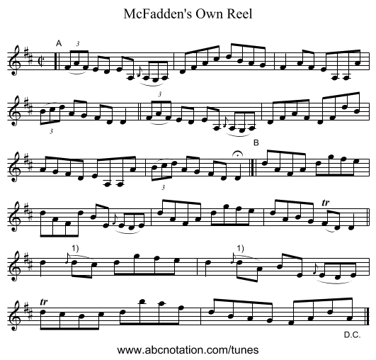 McFadden's Own Reel - staff notation