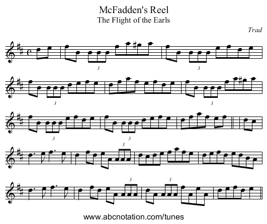 McFadden's Reel - staff notation