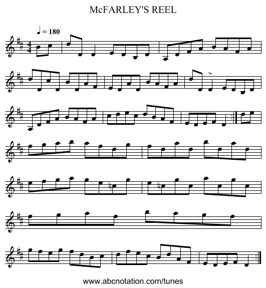 McFARLEY'S REEL - staff notation