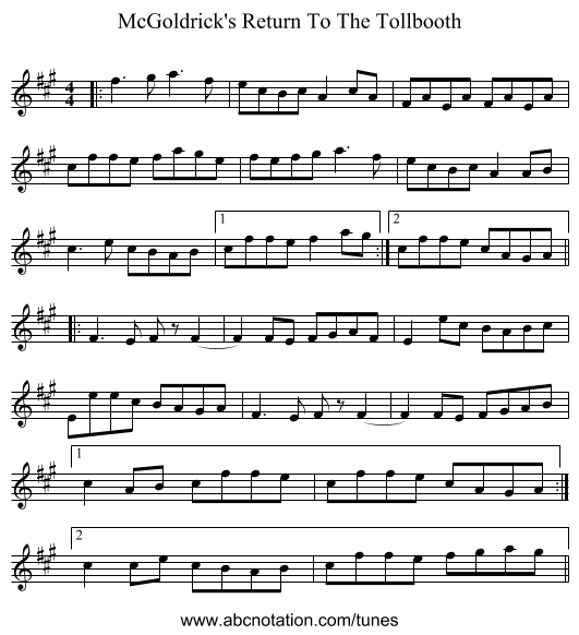 McGoldrick's Return To The Tollbooth - staff notation