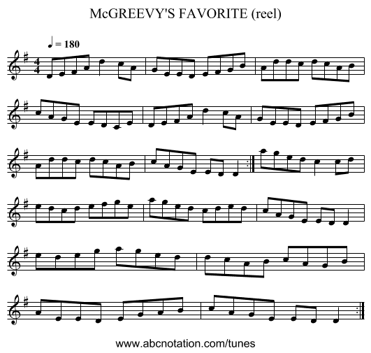 McGREEVY'S FAVORITE (reel) - staff notation