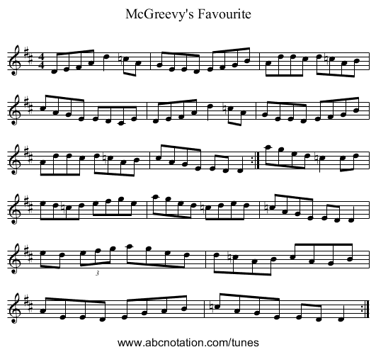McGreevy's Favourite - staff notation