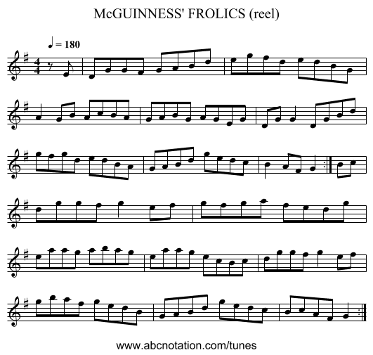 McGUINNESS' FROLICS (reel) - staff notation
