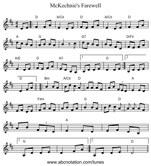 McKechnie's Farewell - staff notation