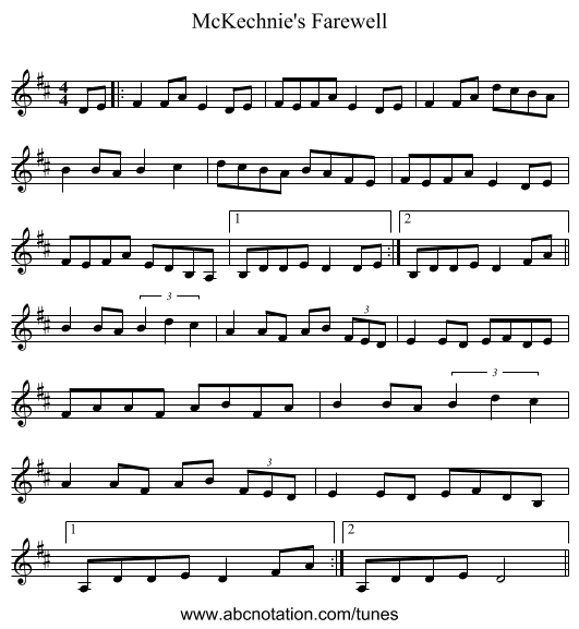 McKechnie's Farewell - staff notation