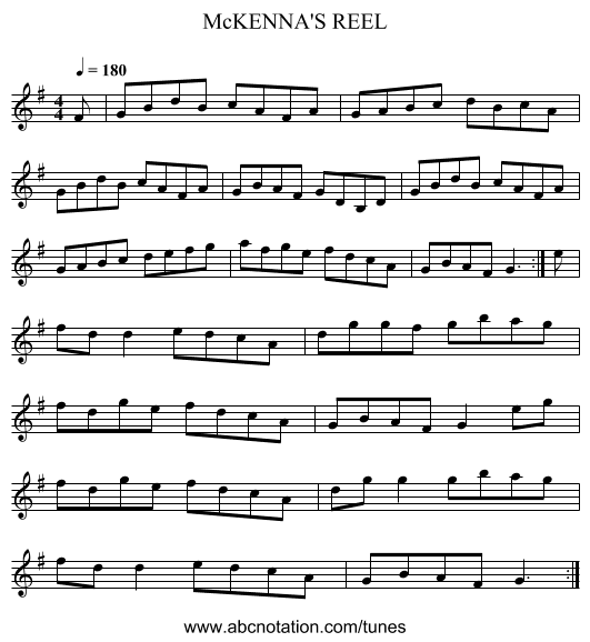 McKENNA'S REEL - staff notation