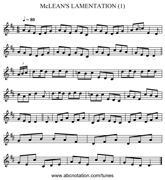 McLEAN'S LAMENTATION (1) - staff notation