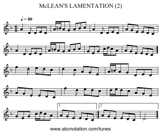 McLEAN'S LAMENTATION (2) - staff notation