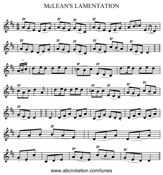 McLEAN'S LAMENTATION - staff notation