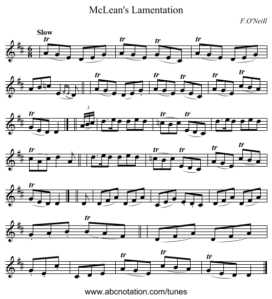McLean's Lamentation - staff notation