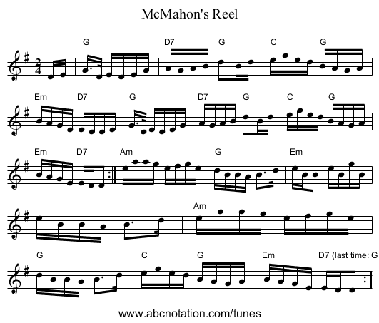 McMahon's Reel - staff notation