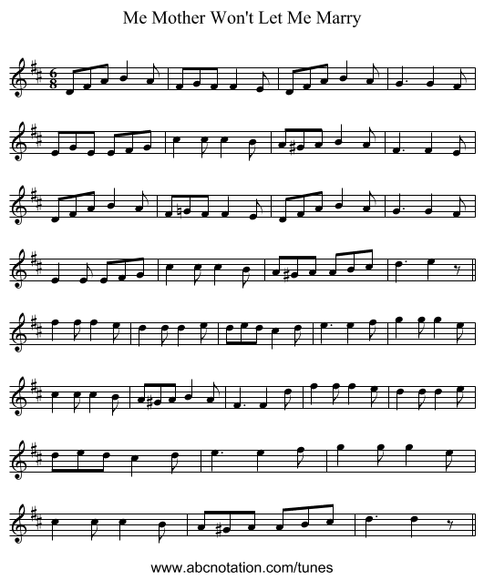 Me Mother Won't Let Me Marry - staff notation