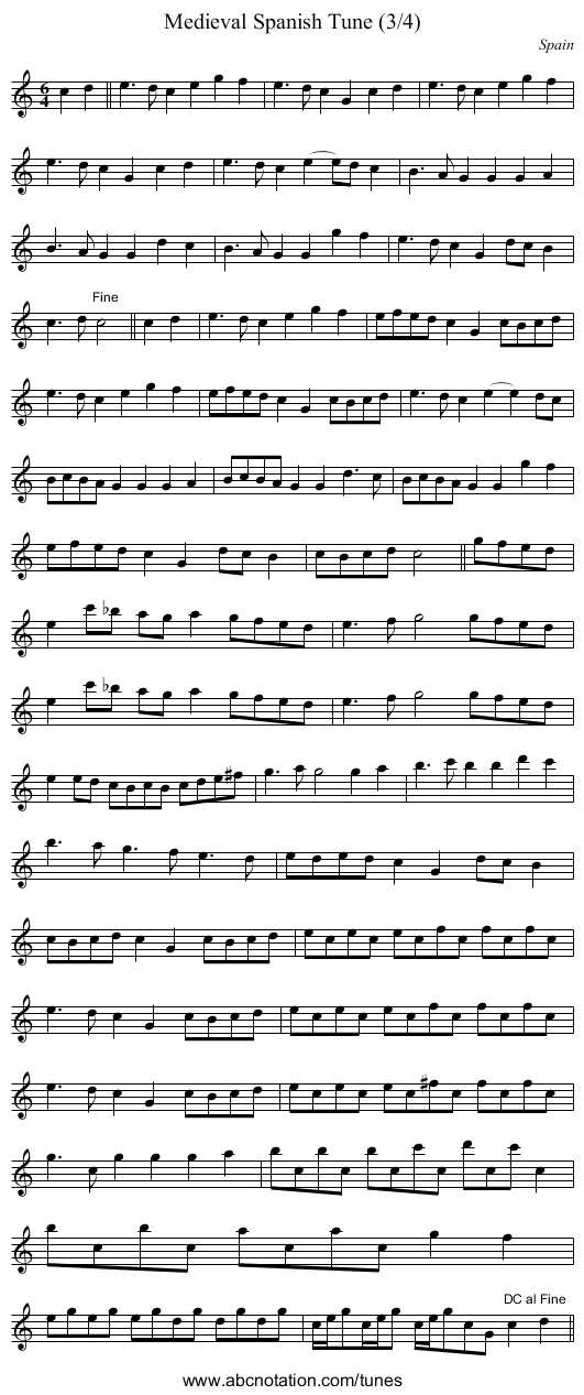 Medieval Spanish Tune (3/4) - staff notation
