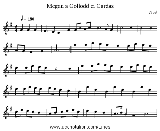 Megan a Gollodd ei Gardas - staff notation