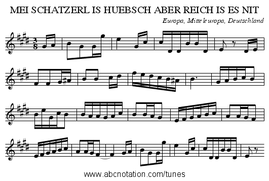 MEI SCHATZERL IS HUEBSCH ABER REICH IS ES NIT - staff notation