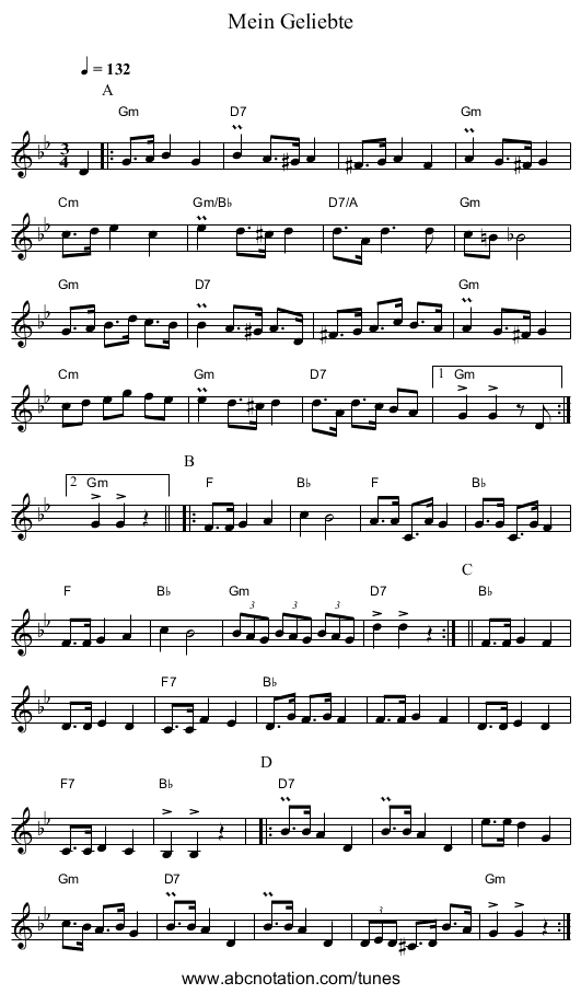 Mein Geliebte - staff notation