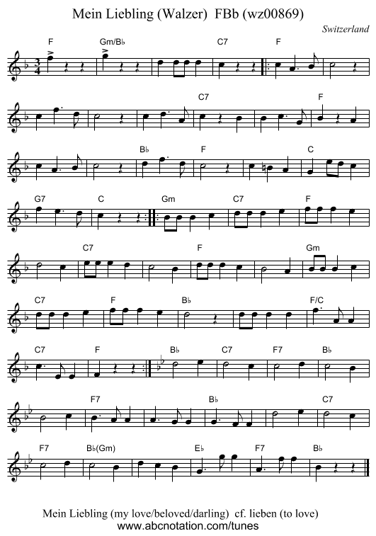 Mein Liebling (Walzer) FBb (wz00869) - staff notation