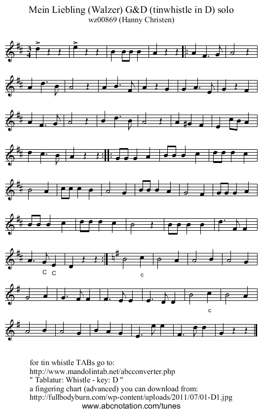 Mein Liebling (Walzer) G&D (tinwhistle in D) solo - staff notation