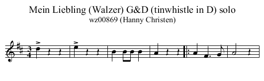 Mein Liebling (Walzer) G&D (tinwhistle in D) solo - staff notation