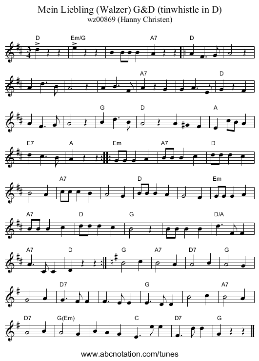 Mein Liebling (Walzer) G&D (tinwhistle in D) - staff notation