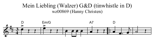 Mein Liebling (Walzer) G&D (tinwhistle in D) - staff notation