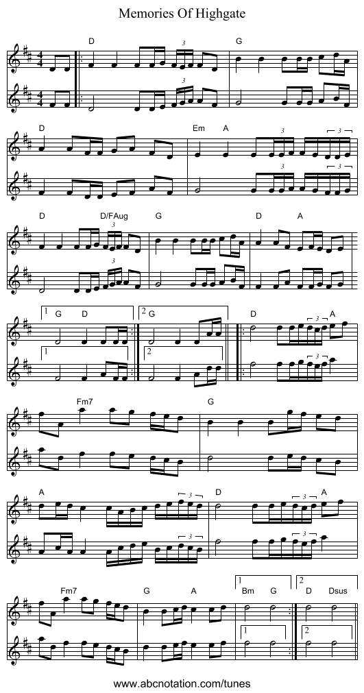 Memories Of Highgate - staff notation