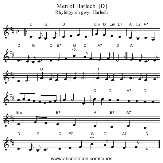 Men of Harlech  [D] - staff notation