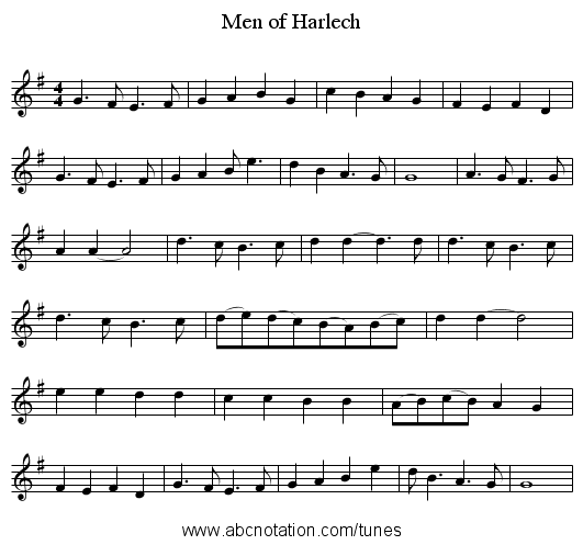 Men of Harlech - staff notation