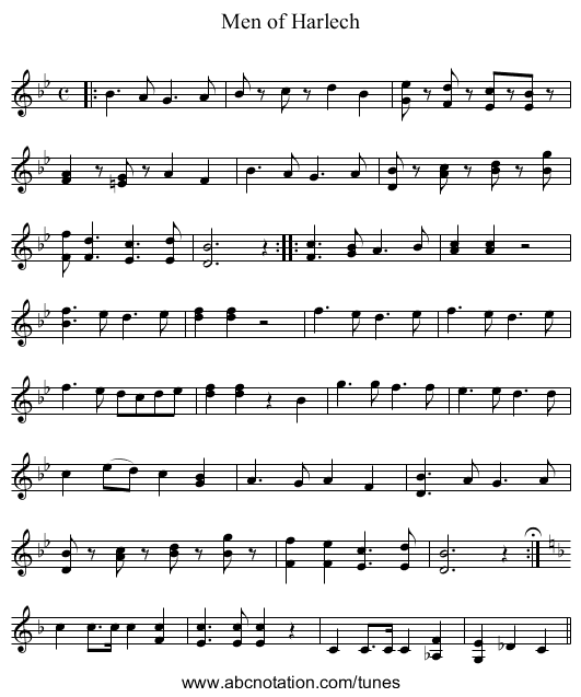 Men of Harlech - staff notation